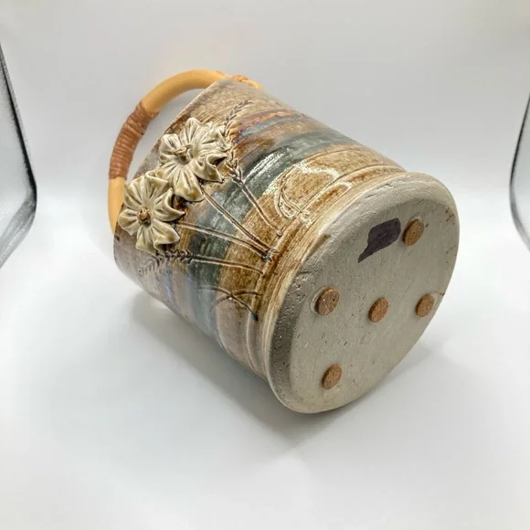 Vintage Teal/Tan/Blue Pottery Flower Pot with Bamboo Handle - Picture 7 of 10